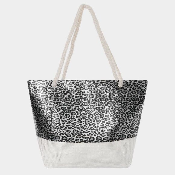 Glitter Leopard Silver Patterned Beach Tote Bag - Picture 1 of 5